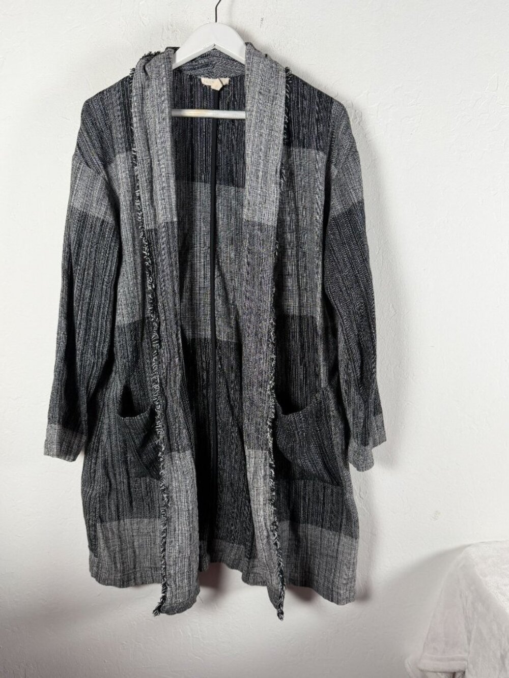 Eileen Fisher Women's Organic Cotton Plaid Open Front Cardigan Coat Duster L/XL